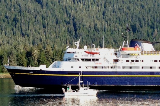 The ferry Taku sails into the Wrangell Narrows on its way south in August of 2013. The ferry will be out of service for repairs in December.  (Ed Schoenfeld/CoastAlaska News)