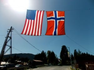 The American and Norwegian flags welcome visitors to downtown Petersburg. Photo/Angela Denning