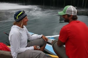 Sheena Miller and Leland Clarke take a break from rowing 