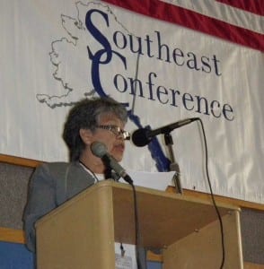 Former Southeast Conference board president Maxine Thompson of Angoon opened up the annual meeting in Petersburg in 2010. (KFSK file photo)