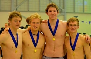 Winners of the 200 yard freestyle relay (L-R) Ian Fleming, Evan Marsh, Abel Aulbach, Skipper Erickson. Photo/Doug Fleming