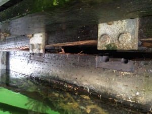 The September accident split this glulam beam, described as the spine of the float, below the wooden walkway. (Photo from a PND Engineers report to the Petersburg borough).