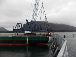 The transfer bridge to the drive down dock was installed in January.  Photo by Joe Viechnicki