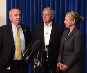 Alaska Lt. Gov. Byron Mallott, center, holds a press conference Monday with B.C. Mines Minister Bill Bennett and Environment Minister Mary Polak. (Photo courtesy British Columbia Ministry of Mines)