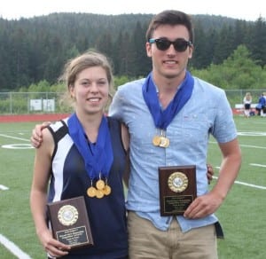 Outstanding athletes of the meet, Izabelle Ith and River Quitslund (Photo by Vicki Lee McIntosh courtesy of Petersburg Viking Track and Field)