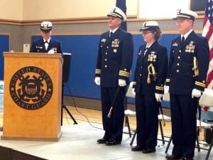 Lt. Kathryn Cyr and Lt. Peter Vermeer stand on stage during the ceremony with other officers. Photo/Angela Denning