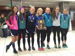 The first place PHS girls cross country team, from left, Julia Murph, Alexandra Bless, Kayleigh Eddy, Hannah Pfundt, Madisyn Parker, Erin Pfundt and Avery Skeek (Photo courtesy of Tom Thompson)