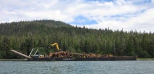A log barge near Mitkof Island awaits logs brought by helicopter working on a University of Alaska Lands timber sale in 2014. (KFSK file photo)