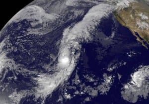 Hurricane Oho appears to have extremely long arms in imagery from NOAA's GOES-West satellite on October 7.(Photo from the National Aeronautics and Space Administration)