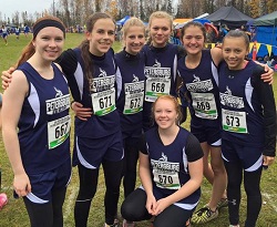 The 2015 PHS girls cross country team at the state meet in Anchorage. From left Alexandra Bless, Erin and Hannah Pfundt, Kayleigh Eddy, Julia Murph, Avery Skeek and below, Madisyn Parker. (Photo courtesy of Tommy Thompson)