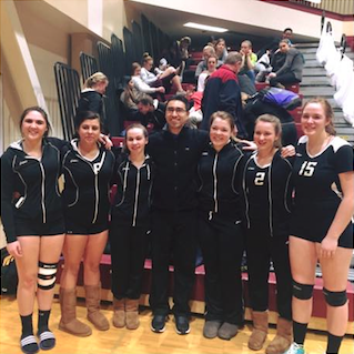 Coach Jaime Cabral with Petersburg's six seniors: Kyla Willis, Katherine Cardenas, Ruby Brock, Kelly Engel, Josie Prus, and Adanna Kvernik. Photo courtesy of Jaime Cabral