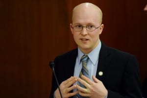 Rep. Jonathan Kreiss-Tomkins addresses the Alaska House of Representatives, March 12, 2014. (Photo by Skip Gray/Gavel Alaska)
