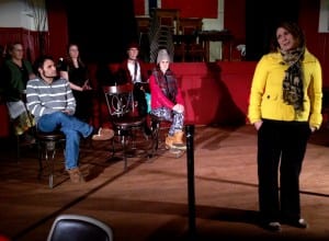Kaitlin DuRoss and other Mitkof Mummers rehearse this week for "Ole and Lena's Three Doors to Death". Photo/Angela Denning