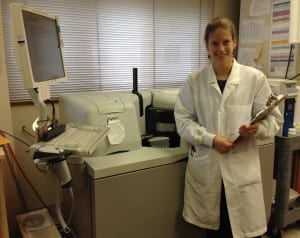 Medical Technologist Margaret Agner stands in front of a blood testing machine in the Petersburg Medical Center's laboratory. Photo/Angela Denning