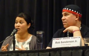 Barbara Blake, special assistant to Lt. Gov. Byron Mallott, answers a question about transboundary mining while Tlingit-Haida Central Council’s Rob Sanderson Jr. listens at a Native Issues Form on March 9, 2016, in Juneau. (Photo by Ed Schoenfeld/CoastAlaska News)