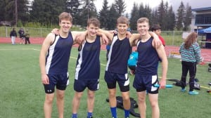 The PHS 4x200 relay team, Ethan Cummins, Britton Erickson, Koren Sperl and Casey Bell (Photo by Debby Eddy courtesy of PHS Viking Track and Field)