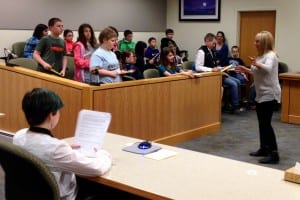 Magistrate Desi Burrell preps the 5th grade students for the mock trial in the Petersburg Courthouse. Photo/Angela Denning