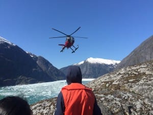 Temsco Helicopters prepares to pick up students in LeConte Bay. (Photo courtesy of Jon Kludt-Painter)
