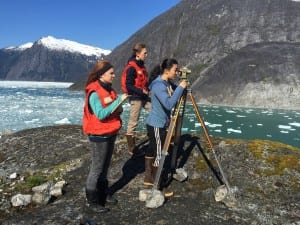 Alexandra Bless, Chauncy Sandhofer and Emma Chase survey points on LeConte Glacier this month. (Photo courtesy of Jon Kludt-Painter)