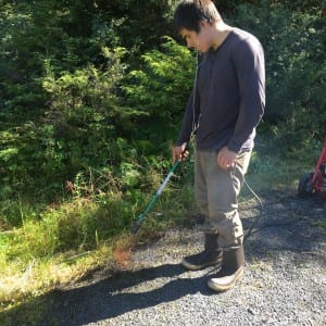 Dustin Galaktionoff torches weeds and grass along the lower part of Raven's Roost trail. (photo/Abbey Collins)