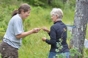 U.S. Forest Service botanist Joni Johnson shows community members how to core a tree to determine the age (photo/Orin Pierson)