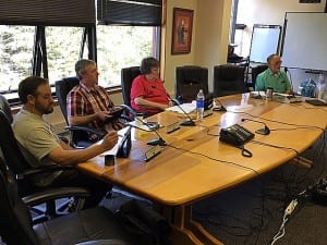 Petersburg borough assembly members at the July 18 meeting (from left): Eric Castro, Jeigh Stanton-Gregor, Nancy Strand, Bob Lynn. (Cyndi Lagoudakis and Mark Wohlhueter were on teleconference)