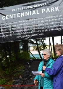 Polly Lee spoke at the opening of Centennial Park, behind Petersburg Pubic Library. (photo/Orin Pierson)