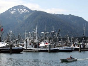 Commercial fishing boats docked in front of Petersburg. 