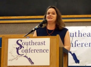 Meilani Schijvens presents "Southeast Alaska by the Numbers 2016" to the Southeast Conference in Petersburg, Sept. 20. Photo/Angela Denning