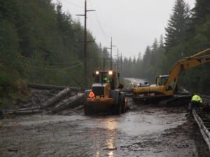Crews worked to clear this landslide that blocked Mitkof Highway in September of 2009. (KFSK file photo)