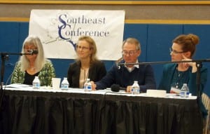 The Maritime Works panel sits in front of the Southeast Conference gathering, Sept. 20, in Petersburg. (from left) Kris Norosz, Julie Decker, Doug Ward, Cari Ann Carty. Photo/Angela Denning