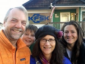 In Petersburg. (l-r) Oceanographer, Jonathan Nash, his son, 12-year-old Elliot Nash, KFSK Morning Host, Julie Hersey, and Field Engineer, June Marion. Photo/Jonathan Nash