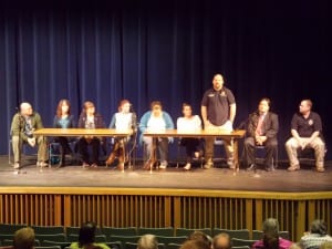 A panel of health, professions. law enforcement and former drug users answered questions at Petersburg's Wright Auditorium Wednesday, September 28th. From left, Mark Tuccillo, Susan Ohmer, Erica Worhatch, Rashele Wilsonoff, Casey DenAdel, Kate Einerson, Kalin Rosse, Jack Schmidt and Kelly Swihart.