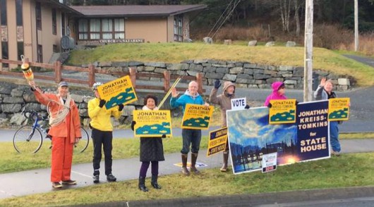 Democrat Jonathan Kreiss-Tomkins, cehter, campaigns with supporters in Sitka on Tuesday. (Photo courtesy Kreiss-Tomkins Facebook page)