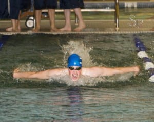 Senior Ben Higgins racing in the 200 IM event at a home meet this season.