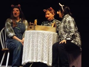 The three little pigs played by Joy Morgan, Debbie Marden and Judy Henderson discuss matters at hand in Fairy Tale Network. Photo/Angela Denning