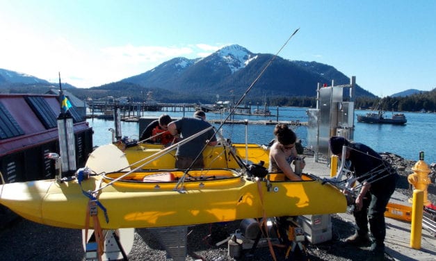 Remote controlled kayaks ready for research at LeConte Glacier