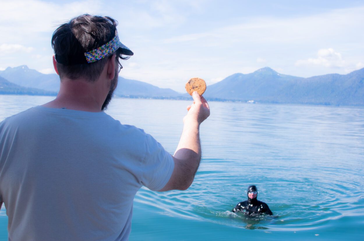 Josef Quitslund holds up a chocolate chip cookie from the boat. In the background, Andrew Simmonds treads water in the Frederick Sound.